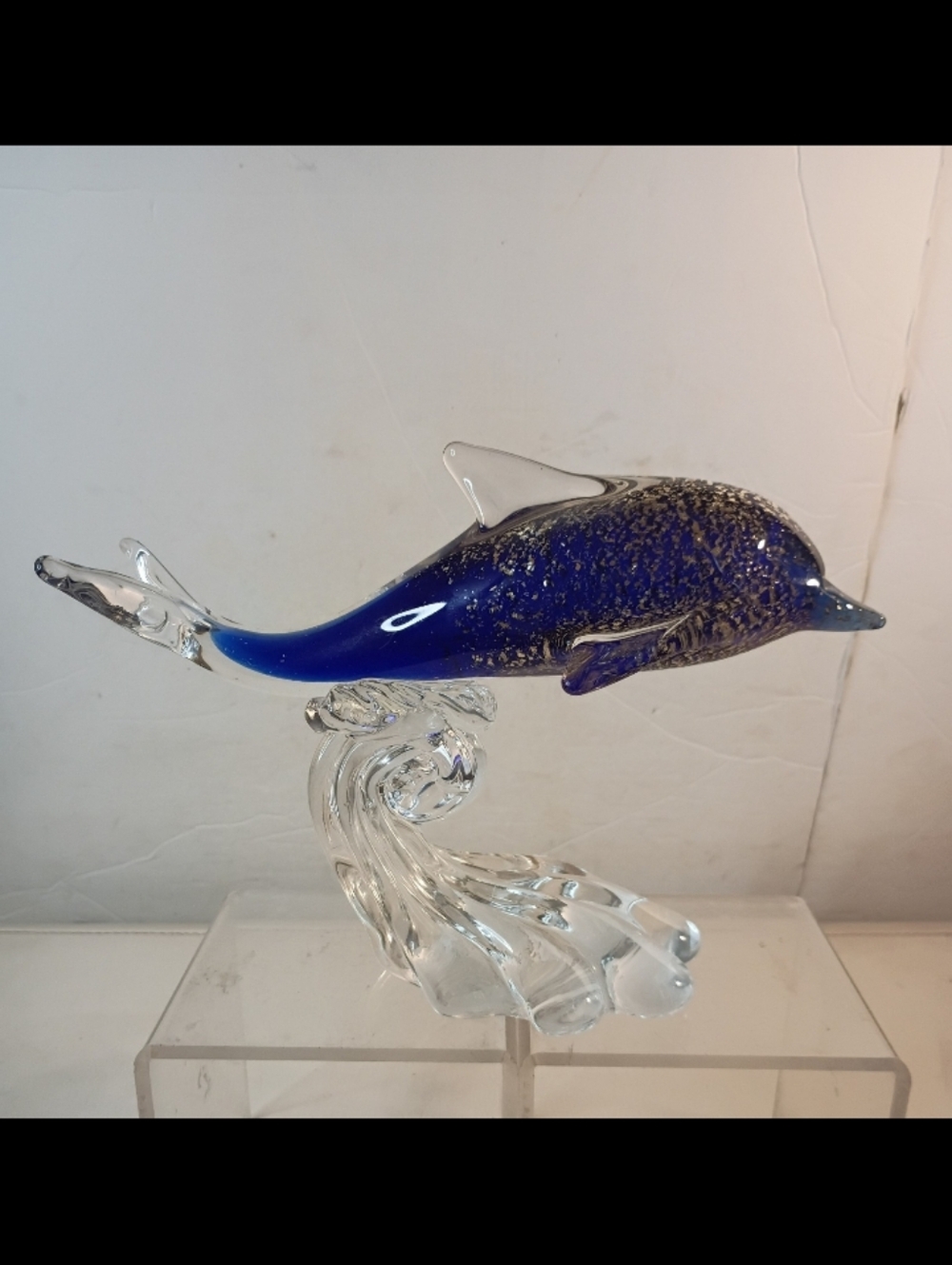 9” Murano-Style Art Glass Dolphin Sculpture Blue, Gold Flake Hand Blown Wave